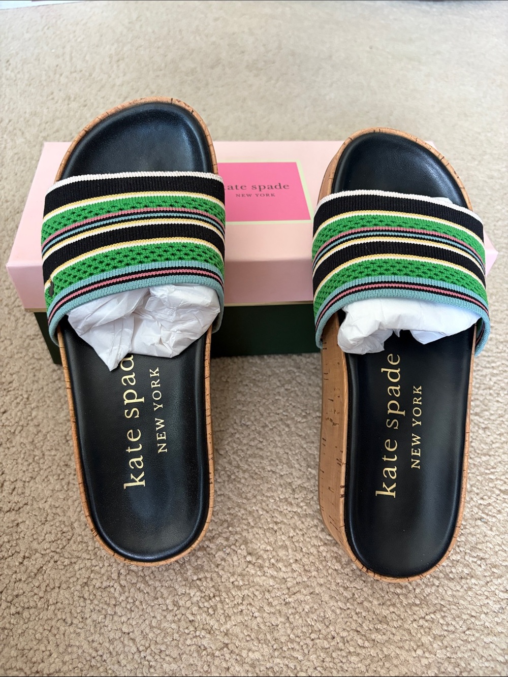 kate spade striped slide sandals - black, green & cream